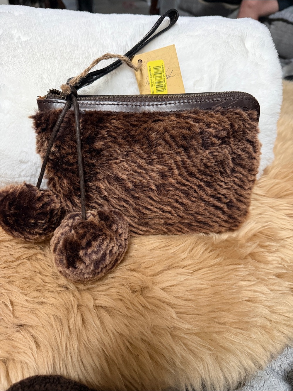 BNWT Patricia Nash Piedmont Sherpa Pom-Pom Brown Leather Wall